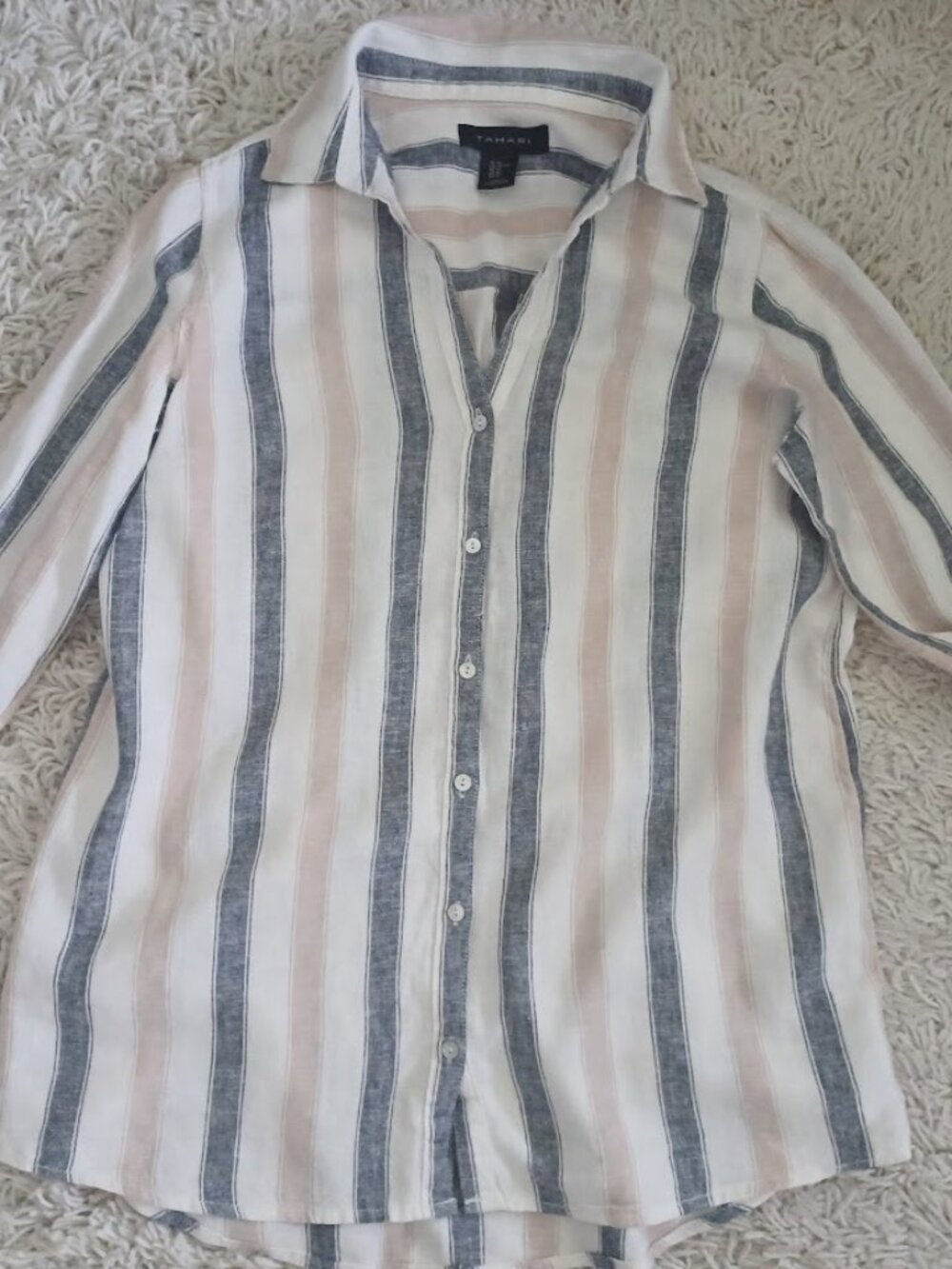 Tahari XS Linen Blend Striped Button Front Shirt Roll Tab Sleeve Blouse Ivory